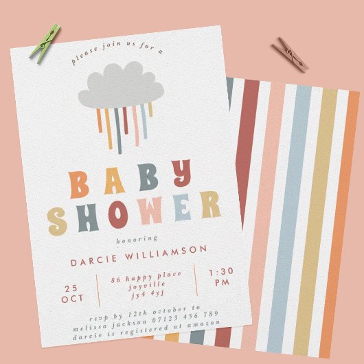 Invitation Coloré Boho Cloud Rainbow Raindrops Baby shower