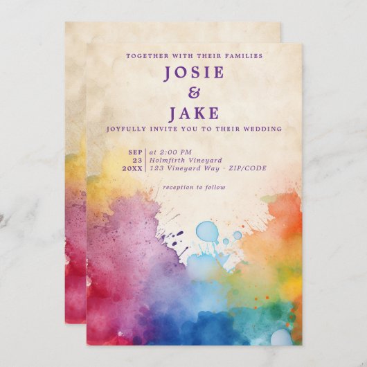Invitation Coloré éclaboussures de peinture amusant mariage (Devant / Derrière)