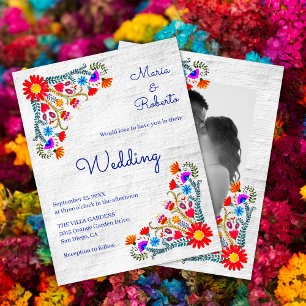 Invitation Coloré Floral Folk Art Photo Mariage mexicain