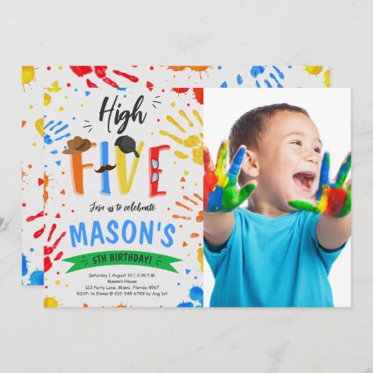 Invitation Coloré High Cinq Anniversaire Photo (Devant / Derrière)