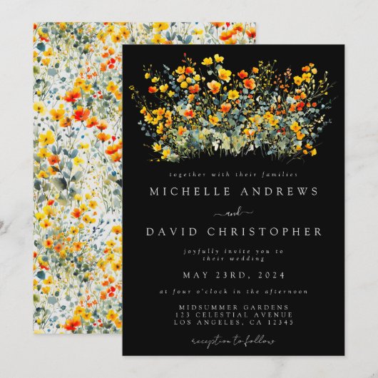 Invitation Coloré noir Mariage Floral été (Devant / Derrière)