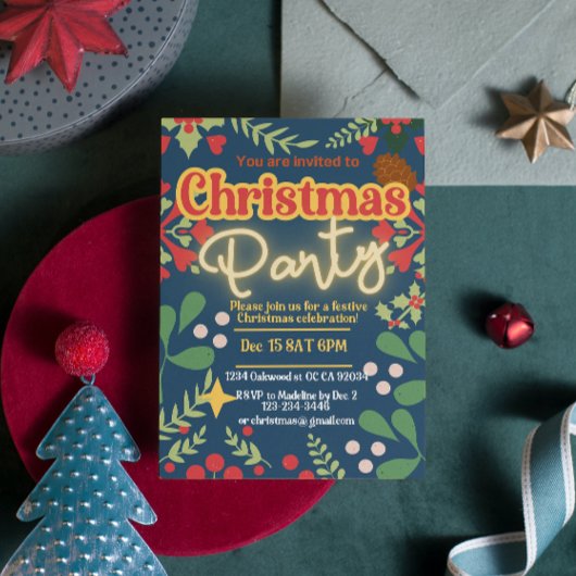 Invitation Coloré rétro moderne botanique de Noël