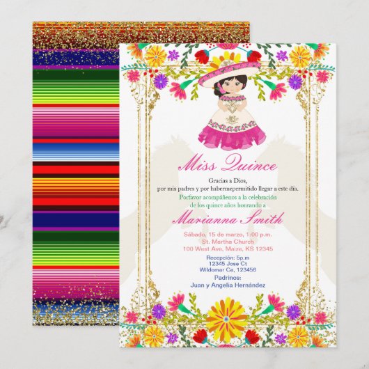 Invitation Coloré rose Floral mexicain Quinceañera  (Devant / Derrière)