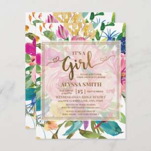 Invitation Coloré rose Jaune Baby shower de script Floral