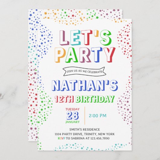 Invitation Coloré Simple Garçon Anniversaire (Devant / Derrière)