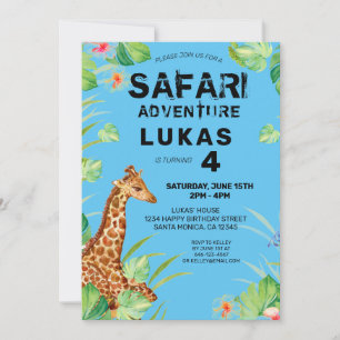 Invitation Coloré Tropical Jungle Safari Giraffe Anniversaire