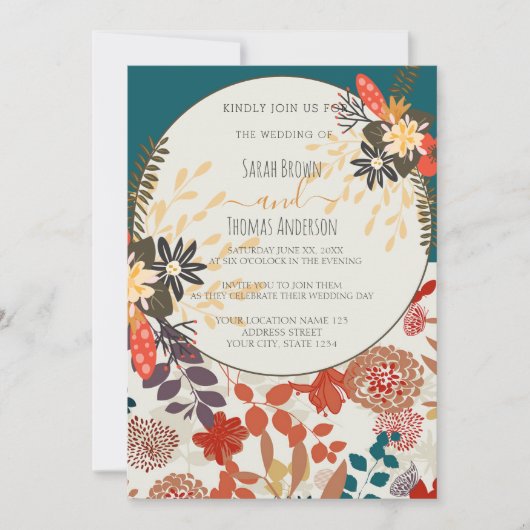 INVITATION COLORÉ TURQUOISE BOHO FLORAL (Devant)