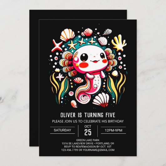Invitation Colorée Axolotl Boho Fête d'anniversaire (Devant / Derrière)
