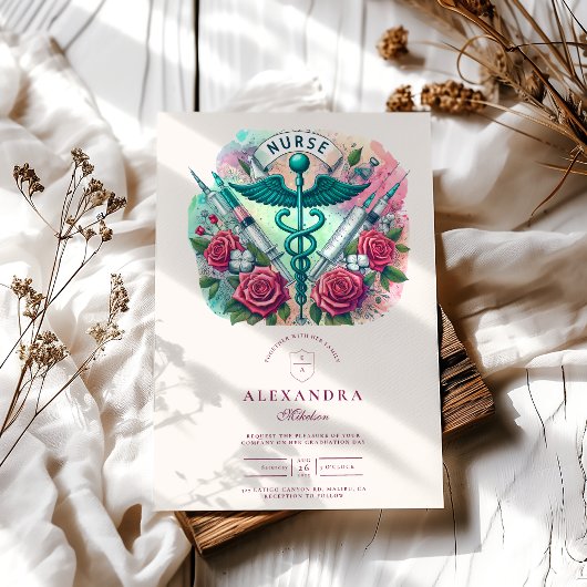 Invitation Colorée Caduceus Nurse Graduation avec Syringes