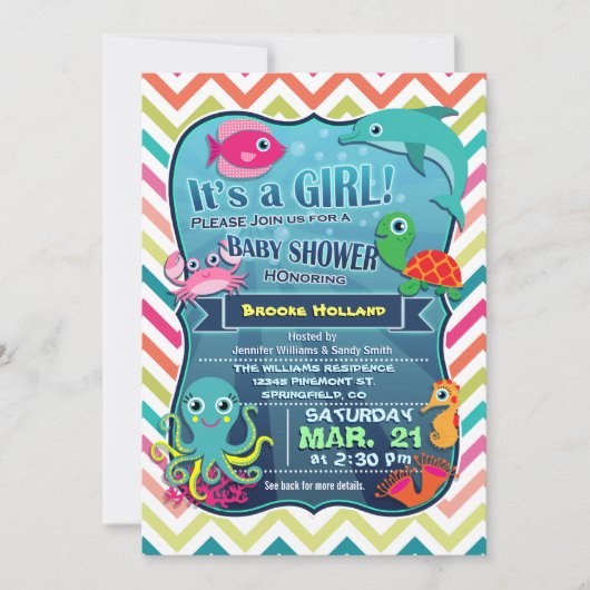 Invitation Colorée Chevron Sea Life, Baby shower fille (Devant)