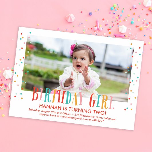 Invitation Colorée Confetti Girl Photo Anniversaire