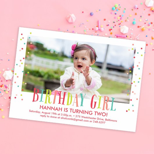 Invitation Colorée Confetti Girl Photo Anniversaire