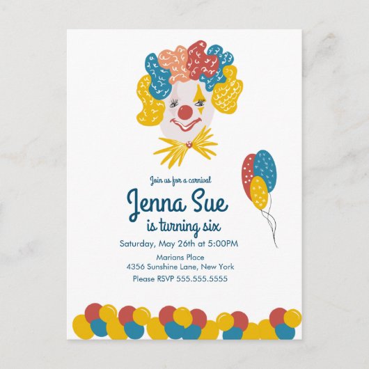 Invitation colorée d'anniversaire de carnaval dess (Devant)