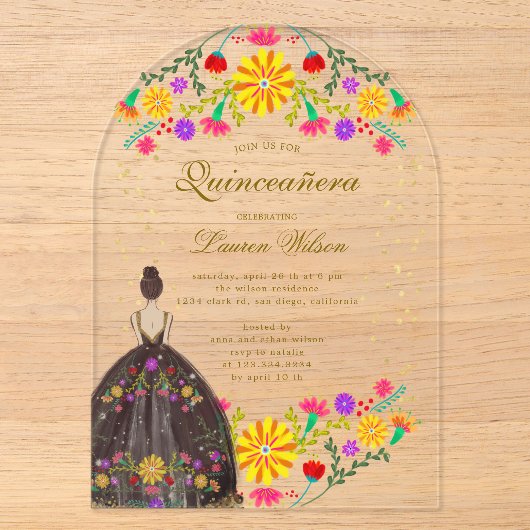 Invitation colorée de Quinceanera avec robe floral (Recto)
