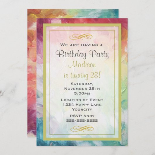 Invitation Colorée épaisse peinture Abstraite fête d'annivers (Devant / Derrière)