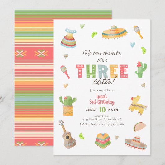 Invitation Colorée Fiesta mexicaine 3ème anniversaire Invitat (Devant / Derrière)