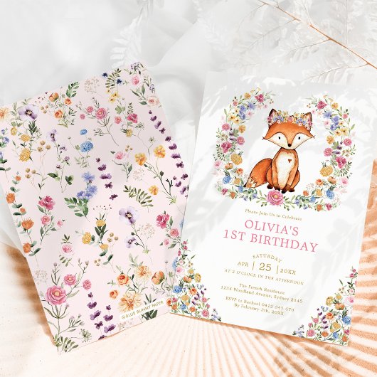 Invitation Colorée Fleur sauvage Woodland Fox fille Anniversa
