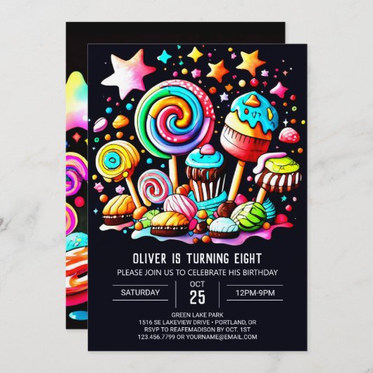 Invitation Colorée Lollipop Wonderland Anniversaire (Devant / Derrière)