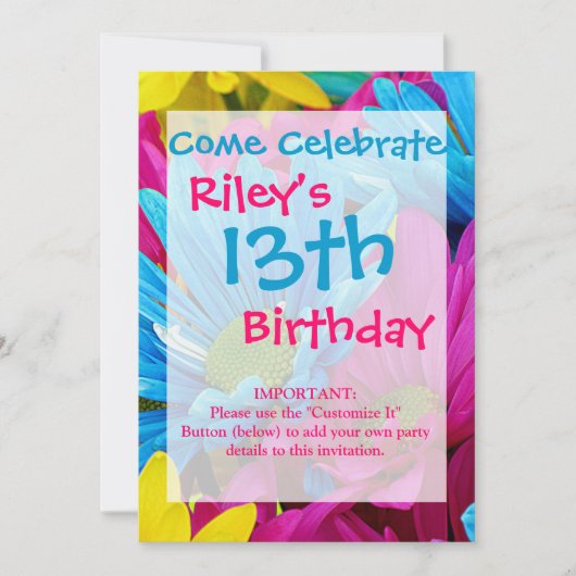 Invitation Colorée Rose Turquoise Bleu Gerber Fleurs (Devant)