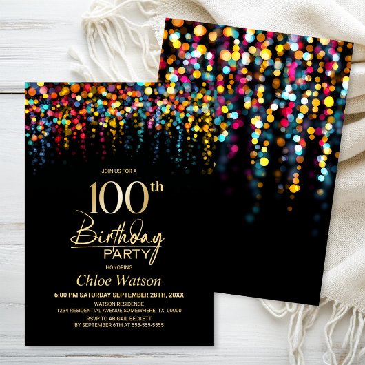 Invitation Colorful Bokeh Party Lights 100th Birthday Party