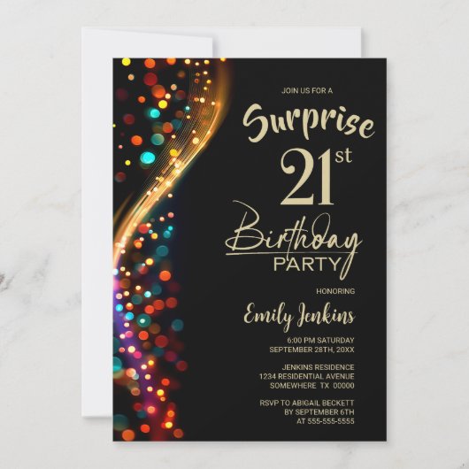 Invitation Colorful Bokeh Surprise 21e fête d'anniversaire (Devant)