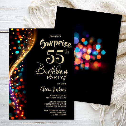 Invitation Colorful Bokeh Surprise 55e fête d'anniversaire