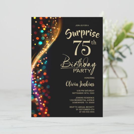 Invitation Colorful Bokeh Surprise 75e fête d'anniversaire (Debout devant)