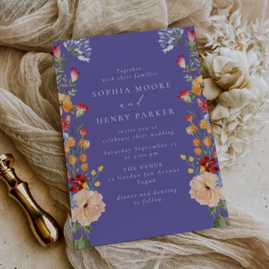 Invitation Colorful Bold Wildflowers Purple Wedding