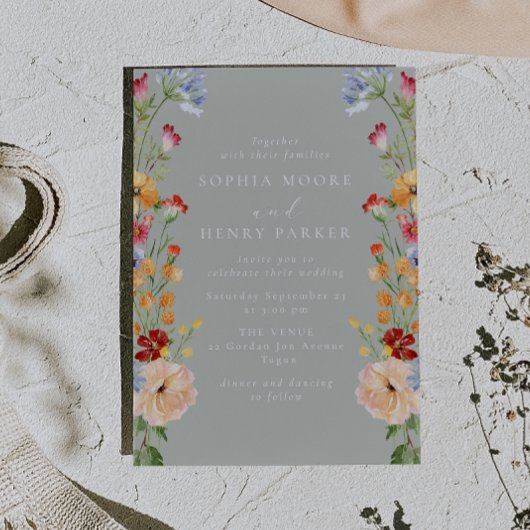 Invitation Colorful Bold Wildflowers Sage Wedding