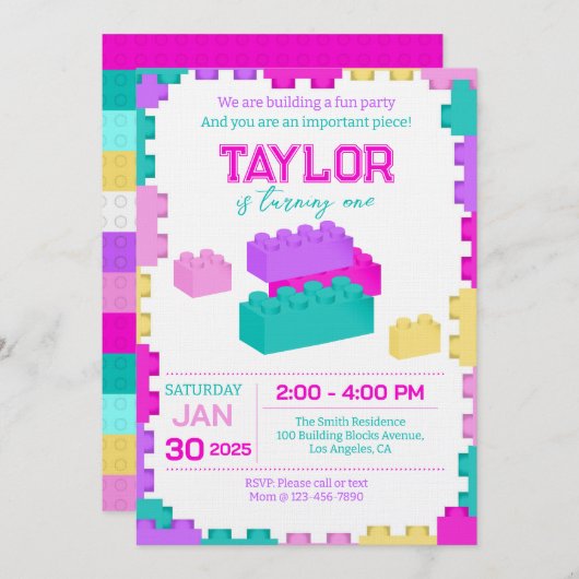 Invitation Colorful Bricks Building Blocks Birthday Party (Devant / Derrière)