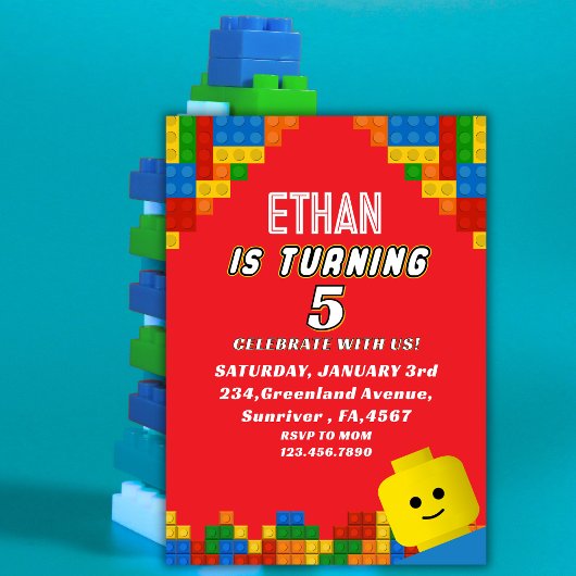 Invitation Colorful Building Blocks Birthday Kids Party