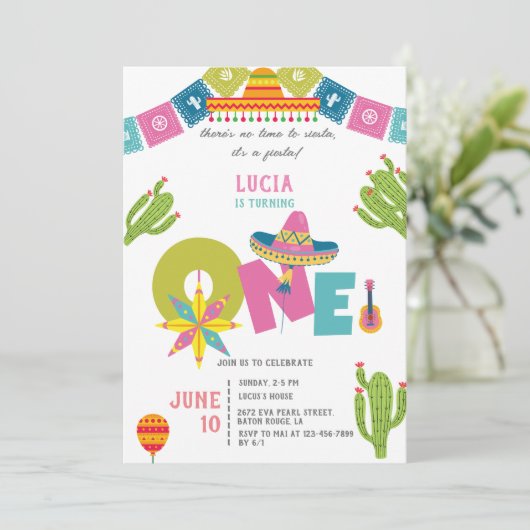 Invitation Colorful Cactus Mexican Fiesta First Birthday (Debout devant)