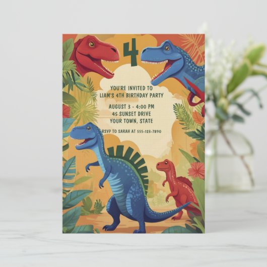 Invitation Colorful Dinosaurs Jungle Adventure 4th Birthday (Debout devant)