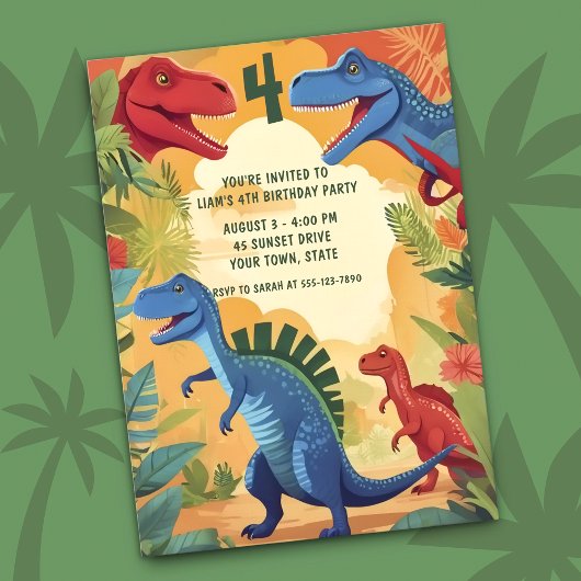 Invitation Colorful Dinosaurs Jungle Adventure 4th Birthday