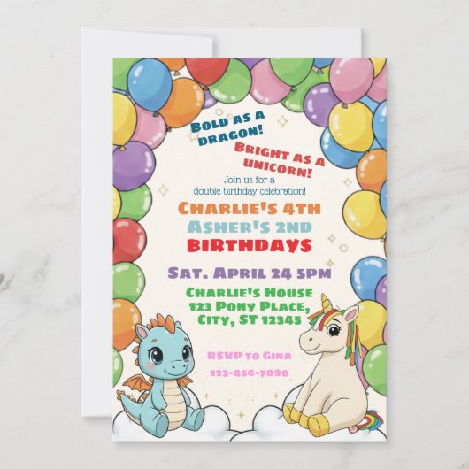 Invitation Colorful Dragon & Unicorn Double Celebration (Devant)