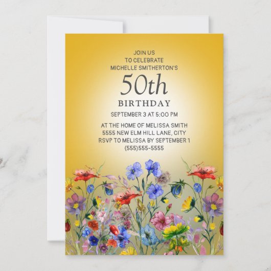 Invitation Colorful Fleur sauvage Jaune Sunshine 50e annivers (Devant)