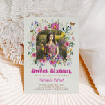 Invitation Colorful Fleur sauvage Sweet 16 Anniversaire Photo<br><div class="desc">Ce magnifique design allie l'allure libre des fleurs sauvages colorés au charme délicat des papillons vintages. La palette est un mélange éclatant de verts naturels, de roses chaudes, de violet moody, de jaunes ensoleillés et de bleus ciel, ce qui en fait un festin pour les yeux et parfaitement adapté pour...</div>