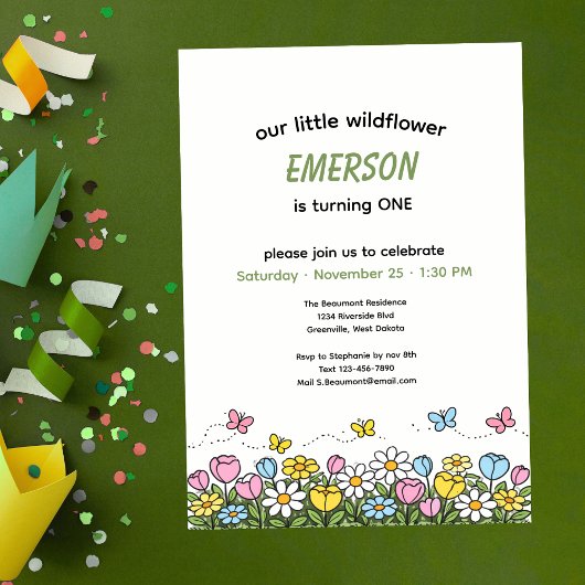 Invitation Colorful Funny Little Wildflower 1st Birthday 