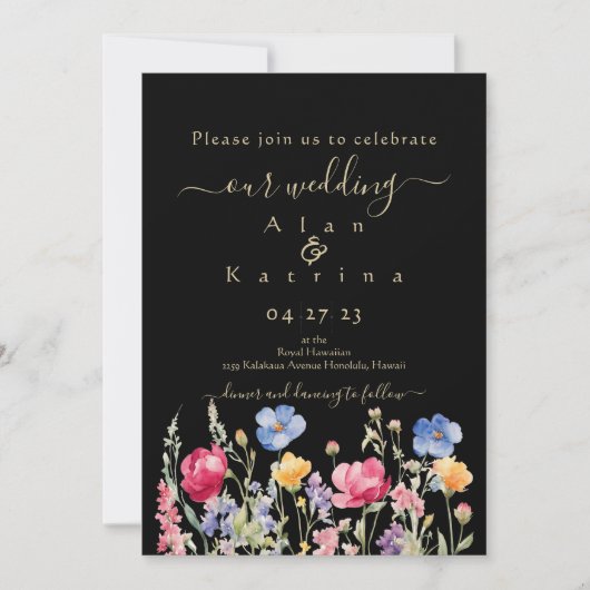 Invitation Colorful Garden Boho Wildflower On Black (Devant)