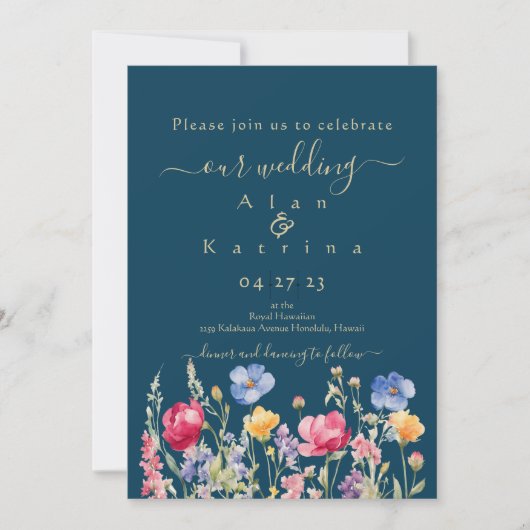 Invitation Colorful Garden Boho Wildflower On Blue (Devant)