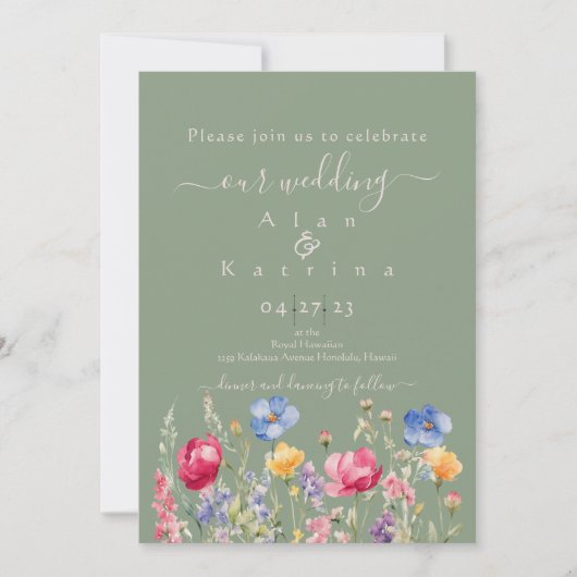Invitation Colorful Garden Boho Wildflower On Green (Devant)