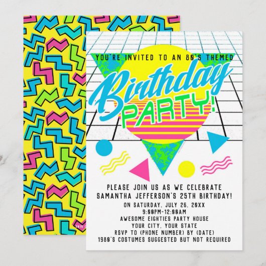 Invitation Colorful Geometry 1980s Quatre-vingts Anniversaire (Devant / Derrière)