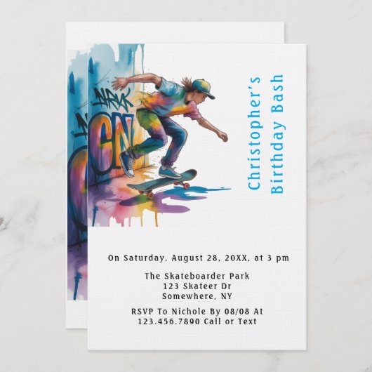 Invitation Colorful Graffiti Skateboarder Birthday Bash (Devant / Derrière)