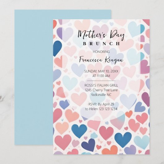 Invitation Colorful Hearts Mothers Day Brunch Back  Sky Blue  (Devant / Derrière)