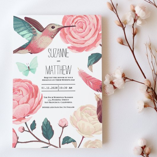 Invitation Colorful Hummingbird Floral Spring Wedding