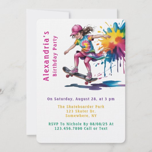 Invitation Colorful Painted Girl Skateboarder Birthday Party (Devant)