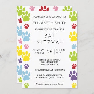 Invitation Colorful Paws, Paw Pattern, Dog Paws, Bat Mitzvah