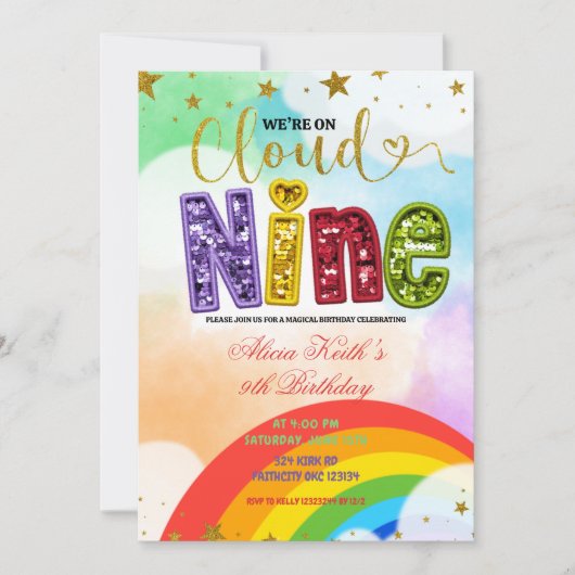 Invitation Colorful Rainbow Cloud Nine Birthday (Devant)