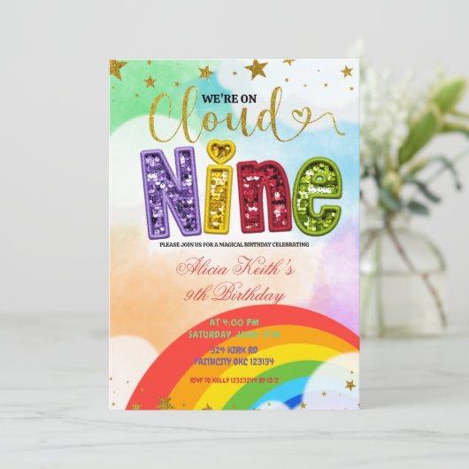 Invitation Colorful Rainbow Cloud Nine Birthday (Debout devant)