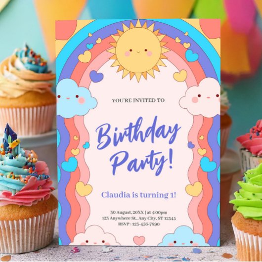Invitation Colorful Rainbow & Clouds Kids 1st Birthday Party
